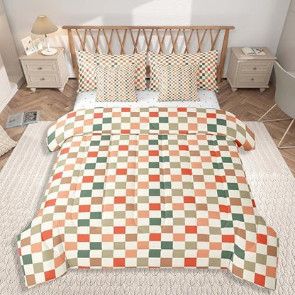 jejeloiu Orange Green Red Bedding Set 7Pcs King Size Kids Buffalo Plaid Comforter Set with Sheets for Boys Girls Checkered Grid Bed in a Bag Soft Lightweight,Microfiber