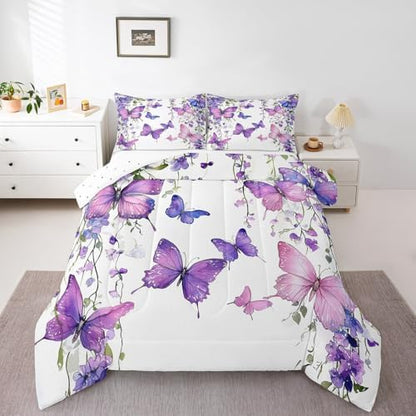 jejeloiu Purple Butterfly Comforter Set Toddler Size Kids Floral Flower Bedding Set for Boys Girls Teens Lavender Duvet Breathable Spring Quilt Bedroom Decor,1 Comforter with 1 Pillowcase