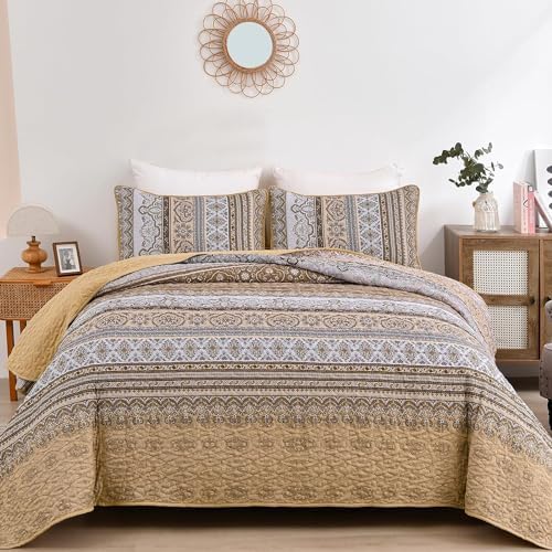 WONGS BEDDING Boho Quilt King Size,3 Pcs Brown Bedspread Bedding Set
