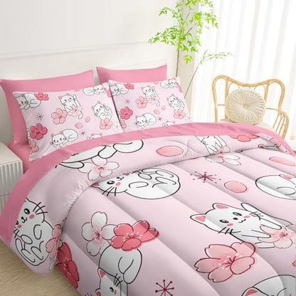 QOOMO Pink Cat 7 Pieces Comforter Set Full,Sakura Cat Bedding Set for Kids