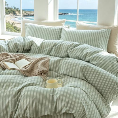 Striped Duvet Cover Set Full Size 3 Piece 100% Washed Cotton Linen Like Textured Bedding Comfy Breathable (Full, Double Stripe-Sage Green/White)
