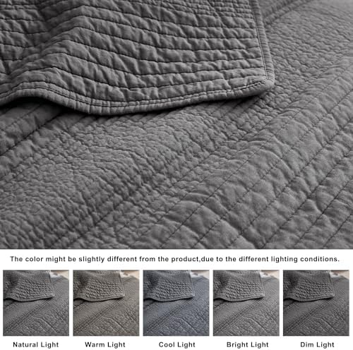 palassio Striped Dark Grey 100% Cotton Quilt Queen Size Bedding Sets, Lightweight Crinkly Channel Pick Stitch Textured Bedspread Soft Shabby Chic Farmhouse Country Coverlet for All Season, 2 Shams