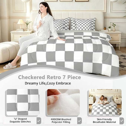 Checkered Retro Comforter Set Full Size 7 Pieces Grey Plaid Bedding Set for Kids Boys Girls Geometric Vintage Bed in a Bag Modern Simple Groovy Aesthetic Bedroom Decor All Season Quilted Lightweight