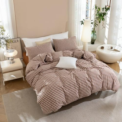JIYUAN Super King Washed Cotton Duvet Cover Set,Classic Gingham