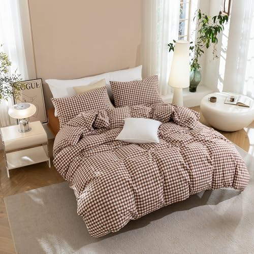 JIYUAN King Washed Cotton Duvet Cover Set, 3-Piece,Classic Gingham