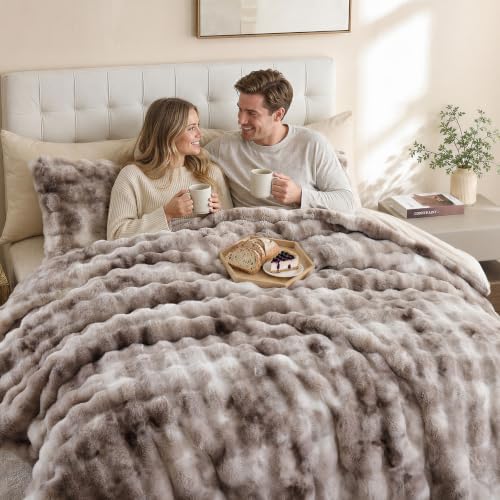 YIKUSH Twin Faux Fur Soft Comforter Set, Fluffy Bedding Set, Tiedye Brown