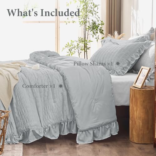 JOLLYVOGUE Light Grey Twin/Twin XL Comforter Set, 2 Pieces Seersucker Lightweight Fluffy Bedding Set, Twin Ruffle Comforter, All Season Soft Microfiber Shabby Chic Bed Set