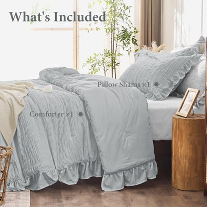 JOLLYVOGUE Light Grey Twin/Twin XL Comforter Set, 2 Pieces Seersucker Lightweight Fluffy Bedding Set, Twin Ruffle Comforter, All Season Soft Microfiber Shabby Chic Bed Set
