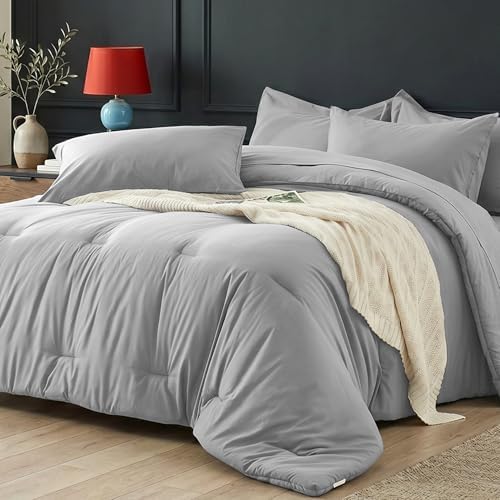 California King Size Comforter Set 7 Pieces - Soft Bed in a Bag King Bed Set, Cozy Luxury Bedding Sets with All Season Comforter, Flat Sheet, Fitted Sheet, 2 Pillowcases & 2 Shams, Light Gray