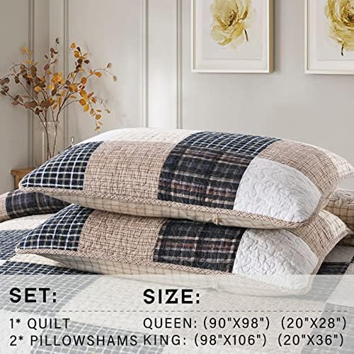 PERHOM Cotton Quilt Queen Size - 100% Cotton Summer Lightweight Bedspread, Brown Real-Patchwork Plaid Queen Quilt Bedding Set, All Season Breathable Coverlet/Comforter Set for Queen Bed, 3-Pieces