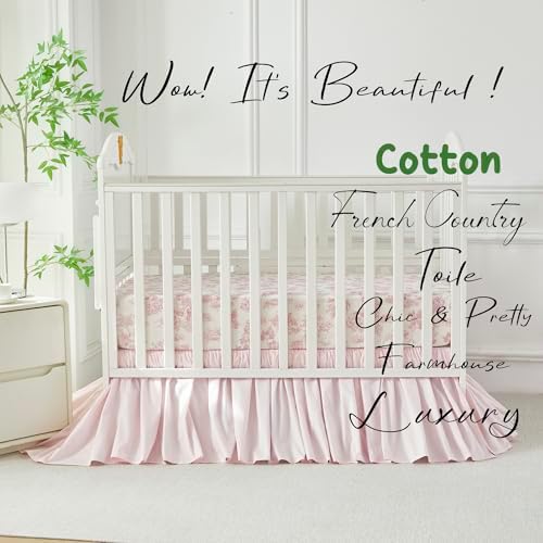 Brandream French Country Toile Crib Bedding Set for Girls Vintage Pink Toile Floral Print 100% Cotton Baby Girl Nursery Bedding Collection - Ruffles Quilt,Toile Crib Sheet,Crib Bed Skirt 3 Pieces