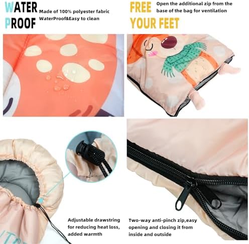 Sleeping Bag for Kids,Portable Camping Sleeping Bags for Boys&Girls with Cute Cartoon Print,Lightweight Waterproof Compact Sleeping Bag for Indoor Outdoor Hiking Travel