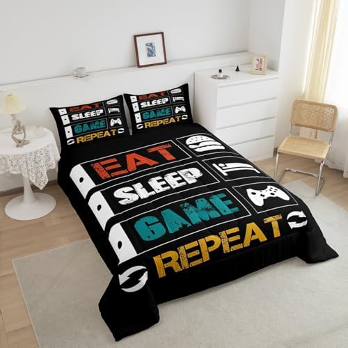 Feelyou Gamer Comforter Sets for Boys King Size Gaming Bedding Set Teens Kids Games Controller Room Decor Funny Creative Eat Sleep Game Repeat Design Reversible Inner Fill All Season, Multicolor