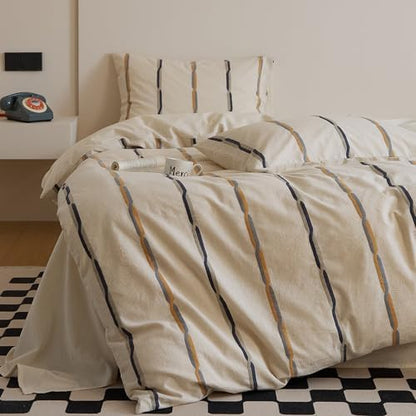 mixinni Cotton Linen Jacquard Duvet Cover Set King, 3-Piece Mid-Century Modern Bedding, Vintage Striped Bohemian Duvet Cover with 2 Pillowcases, All-Season Breathable Comforter Cover-King Size