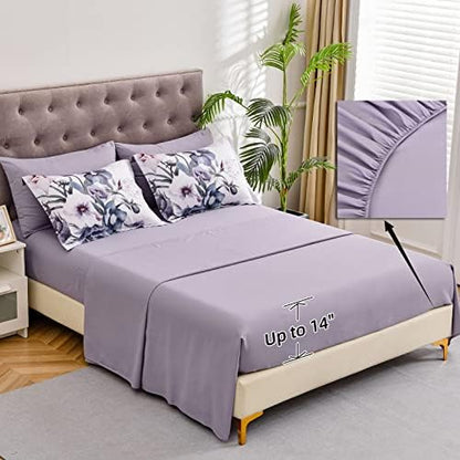 Luxudecor Floral Comforter Set California King Size 7 Piece, Purple Flower Bed in a Bag, Elegant Floral Comforter with Sheet Set, Soft Microfiber Bedding Set for All Season (Purple, 104"x96")