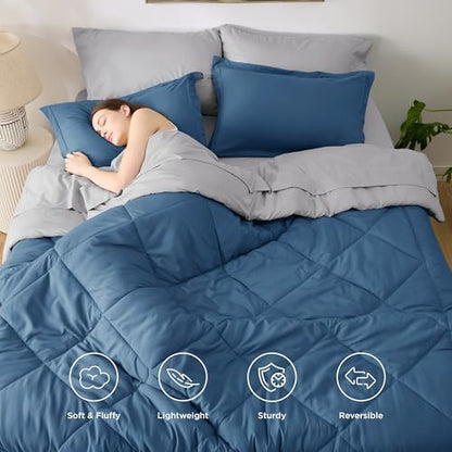 Bedsure Bed in a Bag King Reversible Bed Set 7 Pieces Slate Blue/Light Grey