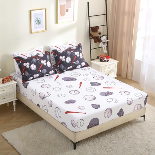 Baseball 7 Piece Bedding Set Sports Theme Twin Size Kids Boys Softball Comforter Set for Boys Kids Microfiber Comforter All Season (1 Comforter, 1 Flat Sheet, 1 Fitted Sheet, 4 Pillowcase)