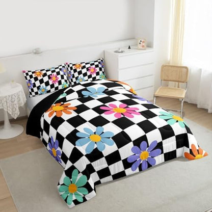 jejeloiu Cute Floral Comforter Set Checkerboard Bedding Set Full Size 3 Pcs