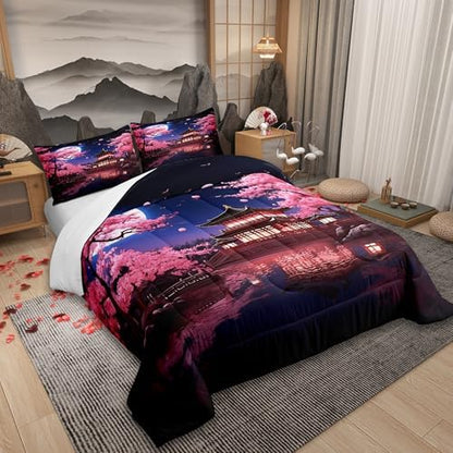 Pink Cherry Blossoms Comforter Set Full Size,Japanese Style Building View Bedding Set for Kids Girls Women Men Bedroom Decor,Night Moon Quilt Set Romantic Exotic Duvet Insert,2 Pillowcases