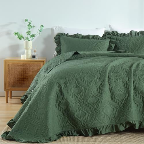 DJY Queen Quilt Set, 3 Pieces Ruffled Bedspreads Quilt, Olive Green