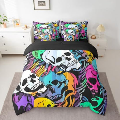 Erosebridal 7Pcs Halloween Skull Comforter Set for Kids Boys Girls Twin Size,Colorful Bones Skeleton Bedding Set,Gothic Spooky Bed in A Bag,Exotic Hippie Sheet Set with Comforter