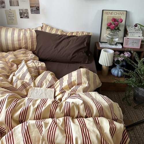 mixinni Retro Striped Duvet Cover Set California King - 100% Natural Cotton 3-Piece Vintage Red Stripes Pattern Printed Bedding Set, Soft Breathable Comforter Cover with Zipper Closure & Corner Ties