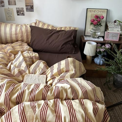 mixinni Retro Striped Duvet Cover Set California King - 100% Natural Cotton 3-Piece Vintage Red Stripes Pattern Printed Bedding Set, Soft Breathable Comforter Cover with Zipper Closure & Corner Ties