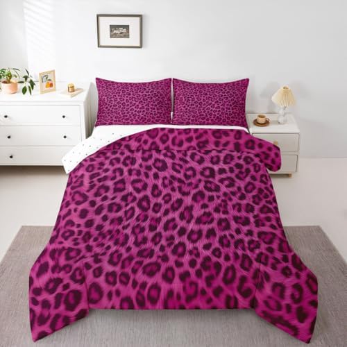 jejeloiu Pink Leopard Comforter Set Full Size Animal Skin Bedding Set for Kids Boys Girls Animal Print Duvet Quilt Bedroom Decor Microfiber 3 Pcs with 2 Pillow Cases