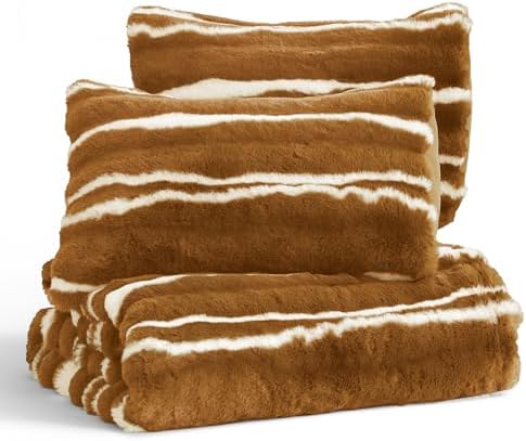 Wonderful 3 Pieces Fluffy Faux Rabbit Fur Comforter Set Queen Size, Caramel Plush Fuzzy Bedding Set, Animal Stripes Design Warm Soft Comforter Bedding Set for All Season,90"x94"