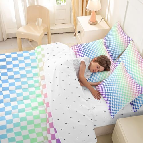 jejeloiu Ombre Colorful Plaid Comforter Set with Sheets 7 Piece King Size
