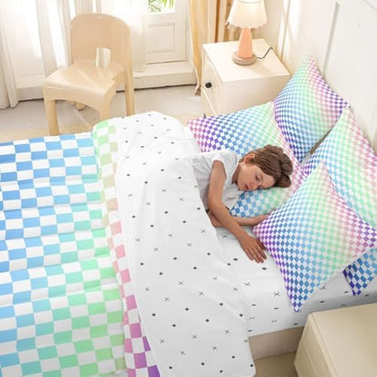 jejeloiu Ombre Colorful Plaid Comforter Set with Sheets 7 Piece King Size