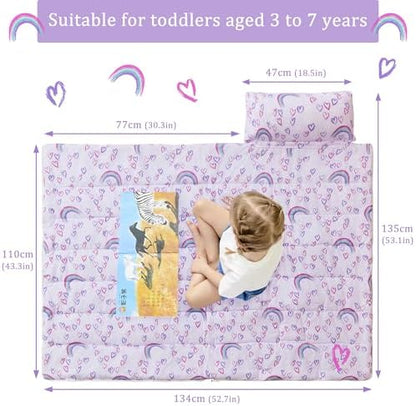 Toddler Nap Mat for Preschool 50''x30'' Sleeping Mat with Removable Pillow and Minky Blanket for Kids Ages 3-7 Roll Up Soft Sleeping Bag for Boys Girls Kindergarten Daycare Sleepover
