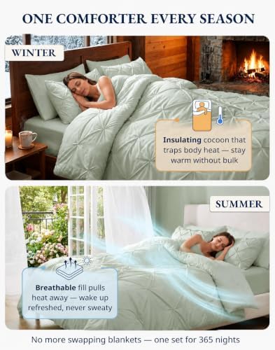 LANE LINEN Twin Comforter Set, 5 Piece Twin Bedding Sets, Ultra Soft Pintuck Twin Bed in a Bag Set with Down Alternative Comforter, Sheets, Pillowcase & Sham, Pinch Pleated Bedding Set - Mineral
