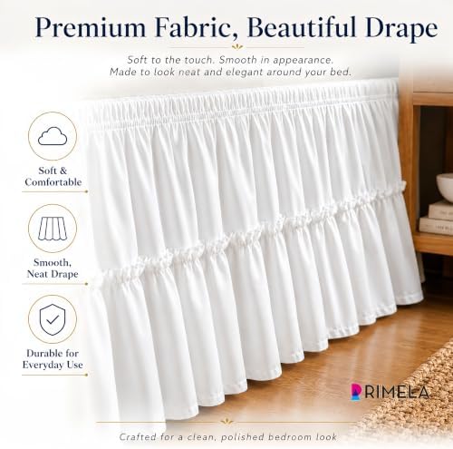 White Pieced Ruffle Bed Skirt Queen 15" Drop, Elastic Bedskirt