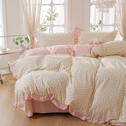 mixinni Pink Floral Duvet Cover Set Full Size – 100% Cotton Ruffle Lace Bedding, Romantic Blushing Flower Print, Reversible Striped Pattern, Cottagecore Soft Aesthetic Princess Bedding for Girls
