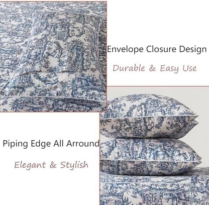 FADFAY Blue Toile Sheets Set Full French Country Vintage Farmhouse Bedding Exotic Scenic Chinoiserie Floral Bedding 100% Egyptian Cotton Soft Breathable Sheet Set with Deep Pocket Fitted Sheet 4Pcs