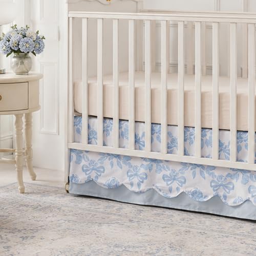 Brandream Scallop Edge Crib Skirt Organic Cotton Baby Girls Crib Skirt Toddler Bedskirt French Country Cottagecore Rose Bows Farmhouse Chic Nursery Crib Bed Skirt 2-Tiered with Solid Blue Skirt