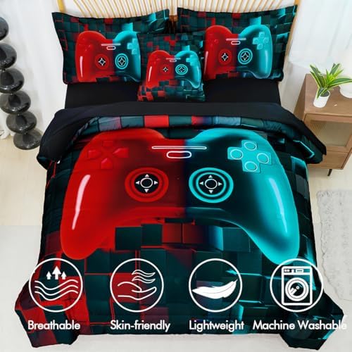 PERFEMET 6 Pcs Gaming Comforter for Boys Red and Teal Game Kid Bed in A Bag