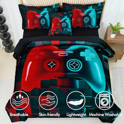 PERFEMET 6 Pcs Gaming Comforter for Boys Red and Teal Game Kid Bed in A Bag