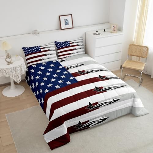Erosebridal Airplane Twin Comforter Set for Kids Adult,American Flag Bedding Set Air Plane Room Decor for Boys Girls,Stars and Stripes Comforter Set Aircraft Aviation Themed Quilt Bed Set 2Pcs