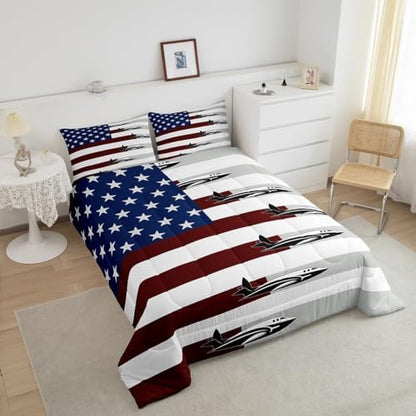 Erosebridal Airplane Twin Comforter Set for Kids Adult,American Flag Bedding Set Air Plane Room Decor for Boys Girls,Stars and Stripes Comforter Set Aircraft Aviation Themed Quilt Bed Set 2Pcs