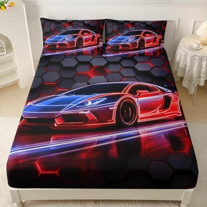 HOSIMA Kids Boys Race Car Queen Fitted Sheet,1 Fitted Sheet+2 Pillowcases.