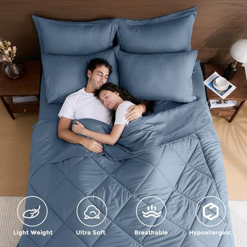 HEVUMYI 7-Piece California King Comforter Set, Dusty Blue Bed in a Bag