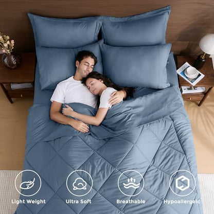 HEVUMYI 7-Piece California King Comforter Set, Dusty Blue Bed in a Bag