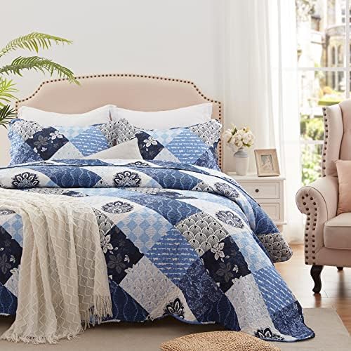 King Size Quilt Set 3 Pieces Lightweight Reversible Bedspread-98''x106'' Soft Patchwork Floral Coverlet Luxurious Warm Microfiber Bed Cover All Seasons Blue Bedding Set(1 Quilt,2 Pillow Shams)