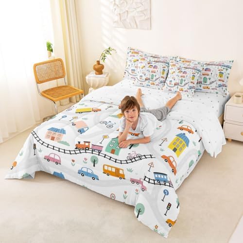 Erosebridal 7 Pcs Cartoon City Car Comforter Set Queen Size Bicycle Truck Train Kids Bedding Set with Sheets House & Tree Cityscape Bed in A Bag for Boys Girls Transportation Road & Railway Bed Sets