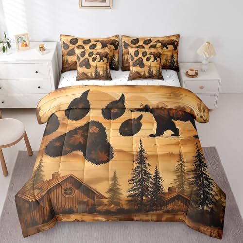 Erosebridal 7 Pcs Brown Bear Bedding Set Twin Bear Paw Print Comforter Set 7 Piece Country Woodland Cabin Lodge Bed in a Bag Farmhouse Hunter Quilt with Flat Fitted Sheet Rustic Forest Animal Decor