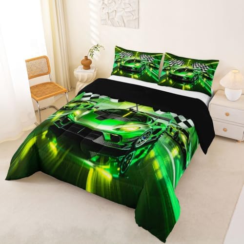Feelyou Boys Sports Car Kids Comforter Set Queen Size Speed Race Car Bedding Set Racing Extreme Sports Duvet Quilt for Kids Boys Girls Bedroom Automobile Decor Microfiber Ultra Soft Breathable