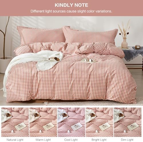 SAPHREAS Gingham Duvet Cover Set Full Size, 100% Washed Cotton Linen Like Plaid Comforter Cover with Zipper Closure & Corner Ties (No Comforter), 80x90 Brick Red