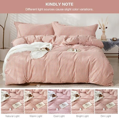 SAPHREAS Gingham Duvet Cover Set Full Size, 100% Washed Cotton Linen Like Plaid Comforter Cover with Zipper Closure & Corner Ties (No Comforter), 80x90 Brick Red